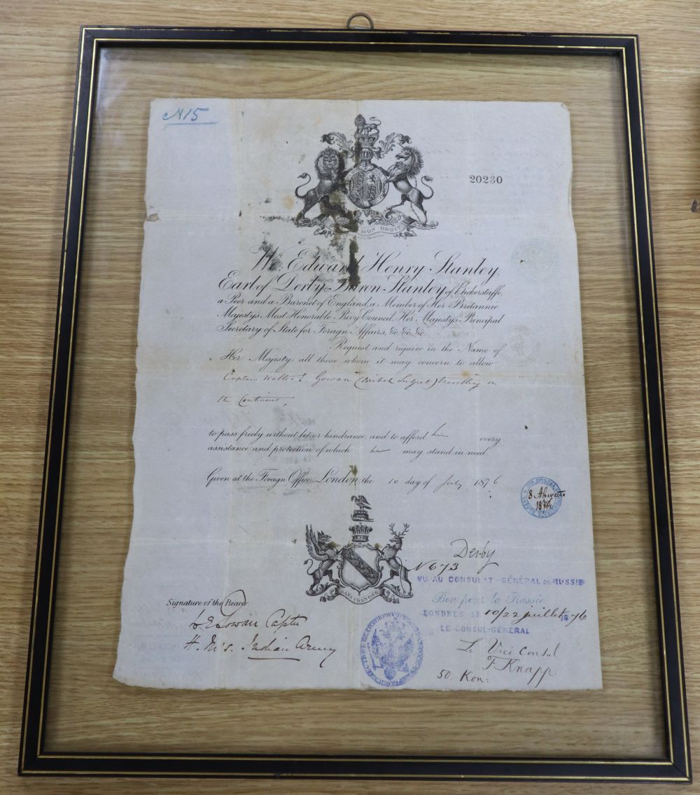 Russian Interest: British foreign office travel pass to Captain Walter E Gowan with Russian authorisation stamps dated 1876, frame 47 x